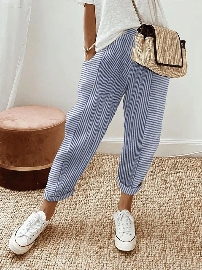 Damen Elegante Gestreifte Hose mit Kordelzug
