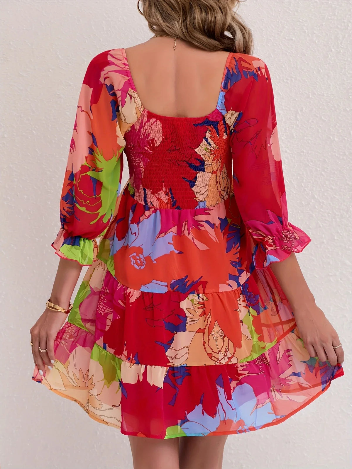 Rotes geblümtes Kleid mit quadratischem Ausschnitt Lässiges & elegantes Sommerkleid