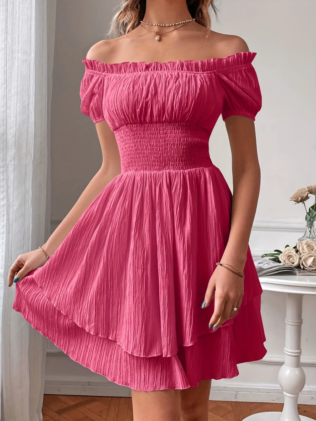 Elegantes Schulterfrei A-Linien Mini-Kleid für Damen Rüschendes Oberteil