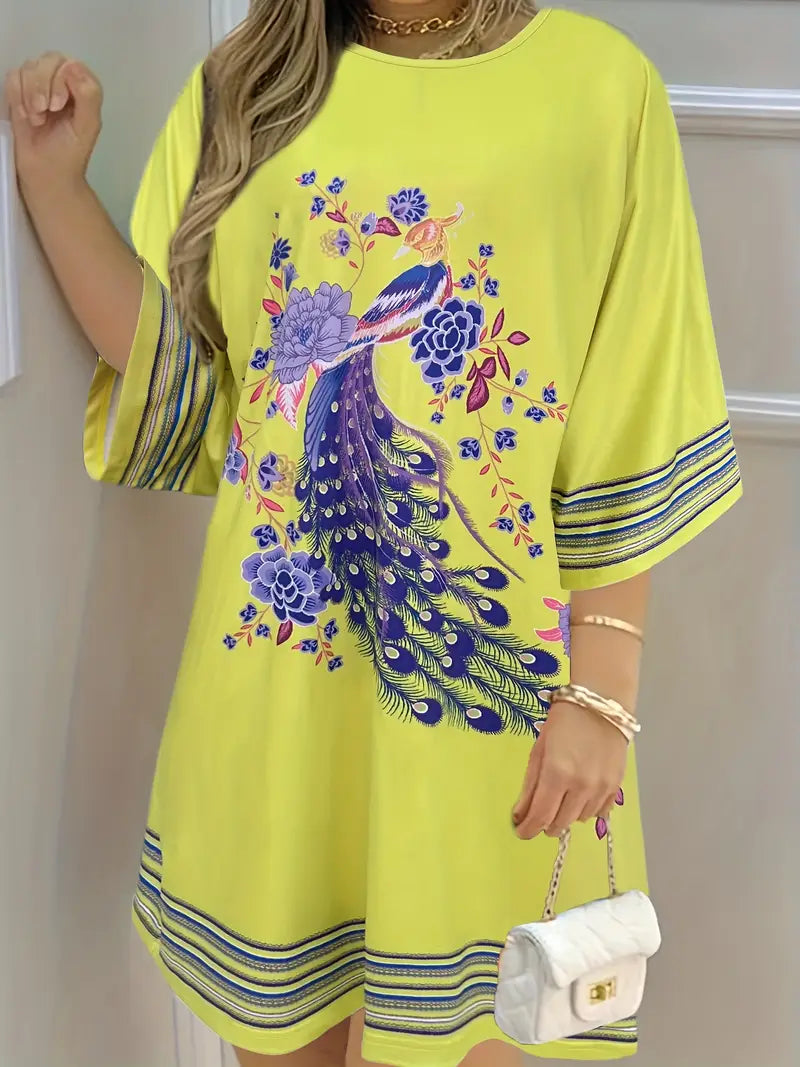 Boho Pfau floral Kleid Casual Halblange Ärmel für Frühling & Sommer