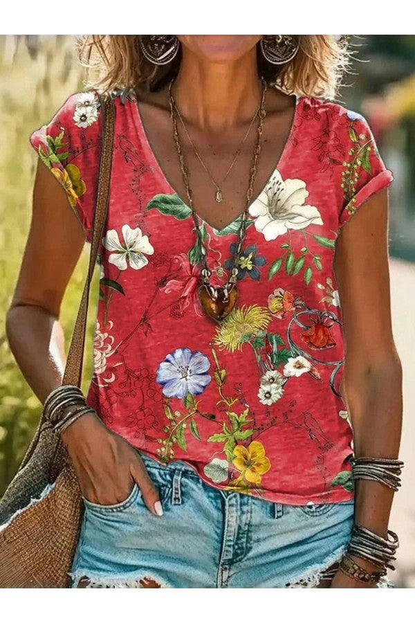 Blumenprint-T-Shirt mit V-Ausschnitt und kurzen Ärmeln