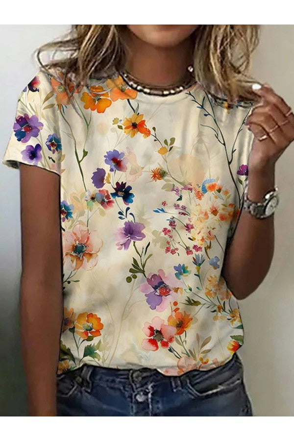 Vintage T-Shirt mit floralem Aquarell-Print und Rundhalsausschnitt