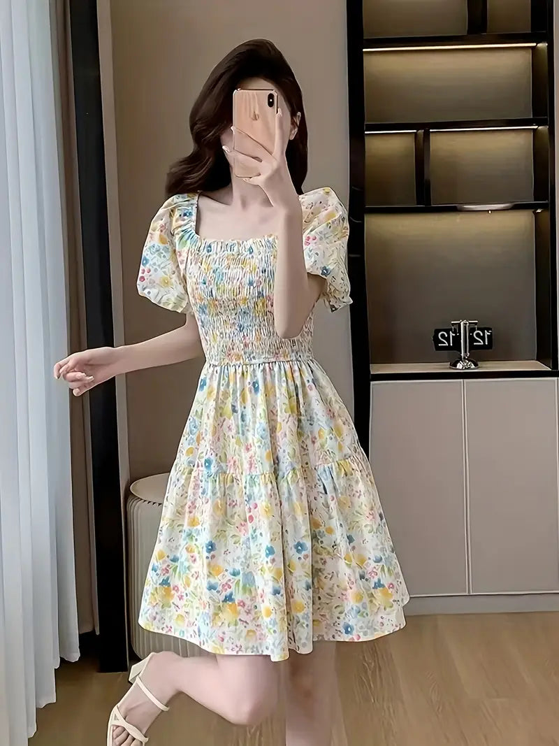 Gelbes Blumenkleid - Quadratischer Ausschnitt & Puffärmel Sommerkleid