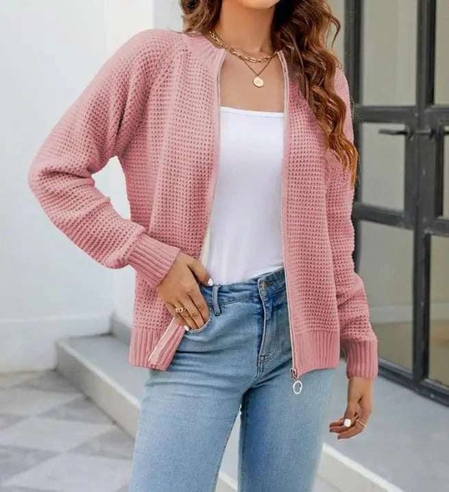 Effen Casual Damenstrickjacke mit langen Ärmeln und Reißverschluss