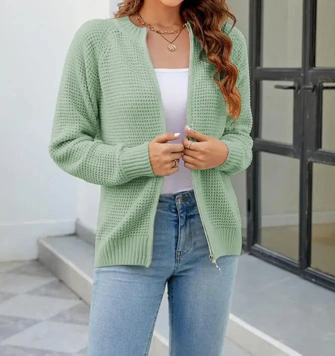 Effen Casual Damenstrickjacke mit langen Ärmeln und Reißverschluss