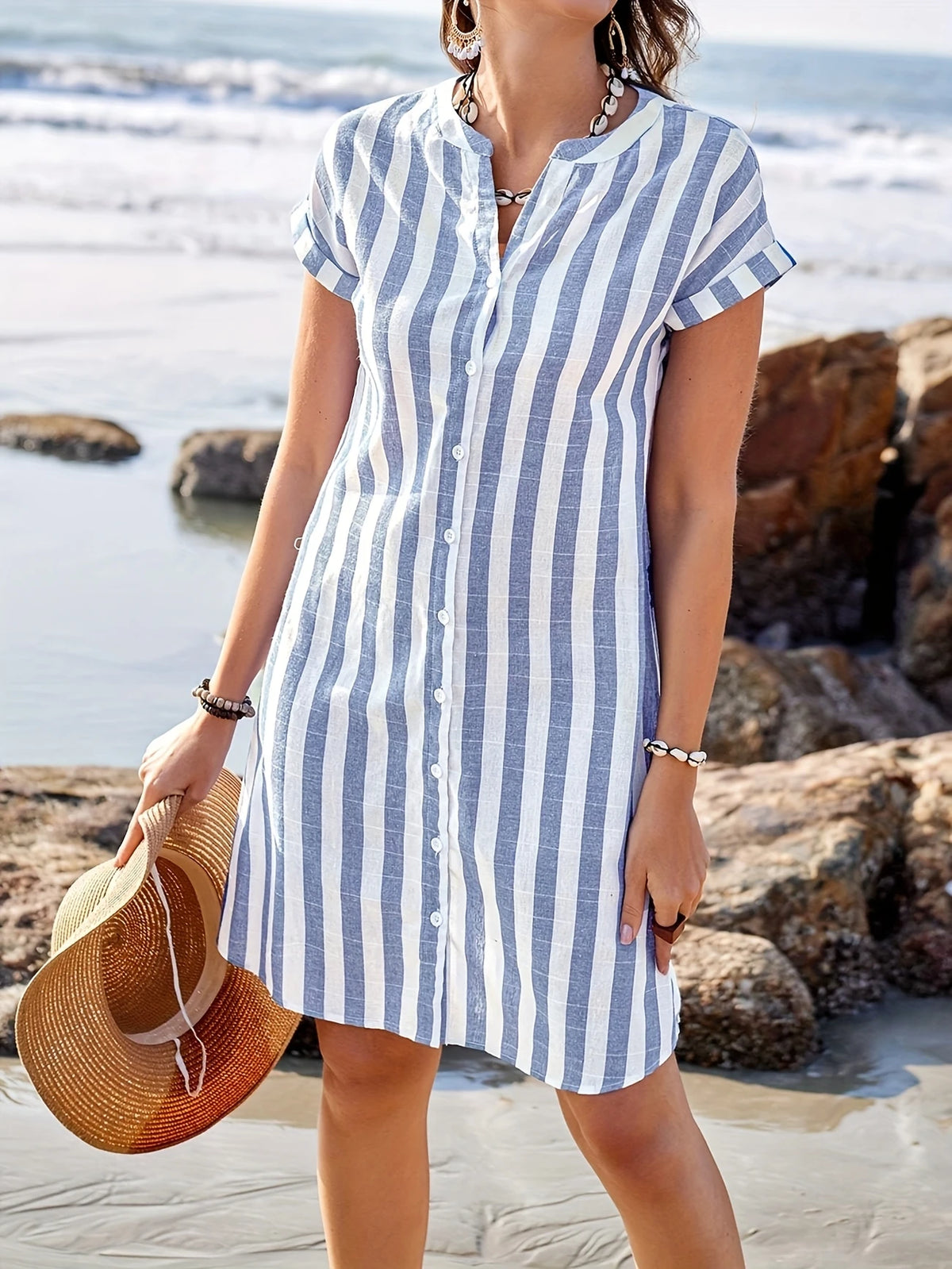 Elegantes Streifen V-Ausschnitt Midi Kleid für Damen Kurzarm Knopfleiste Leichtes