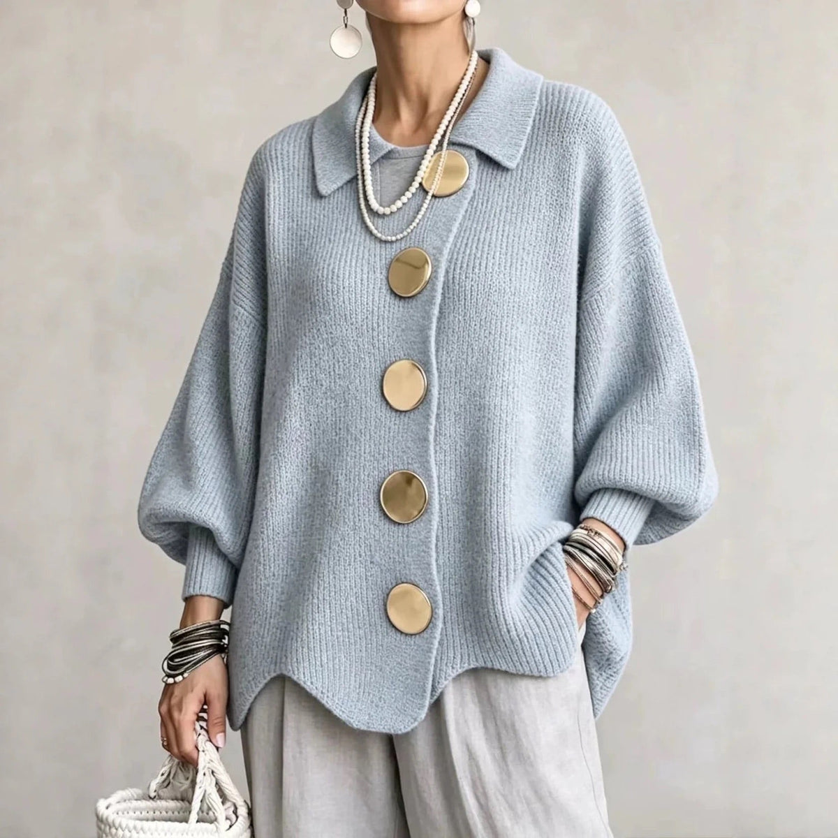 Damen Oversize Strickjacke mit Kragen und Knopfleiste