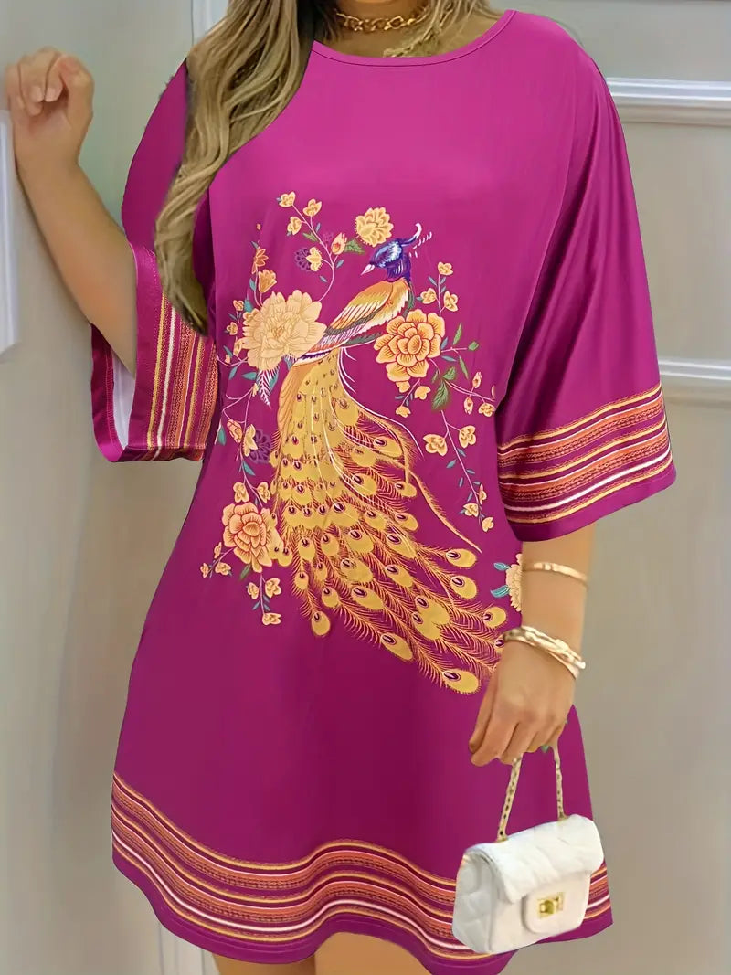 Boho Pfau floral Kleid Casual Halblange Ärmel für Frühling & Sommer
