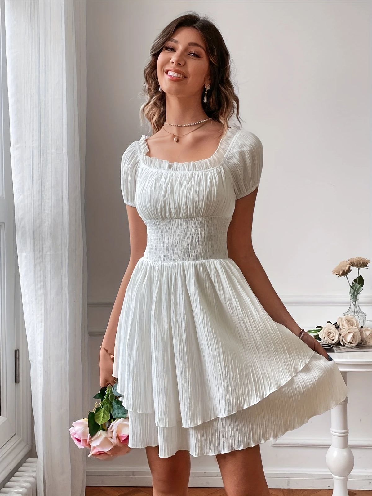 Elegantes Schulterfrei A-Linien Mini-Kleid für Damen Rüschendes Oberteil
