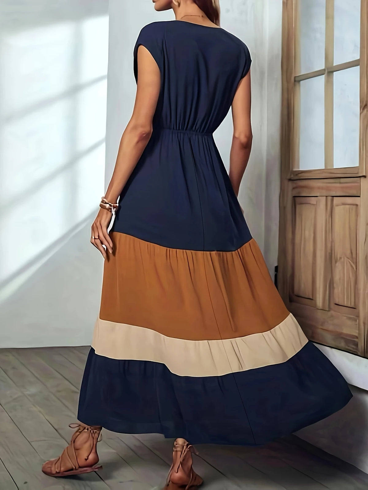 Elegantes Color-Block Surplice Neck Maxi Kleid Ärmellos Sommerkleid