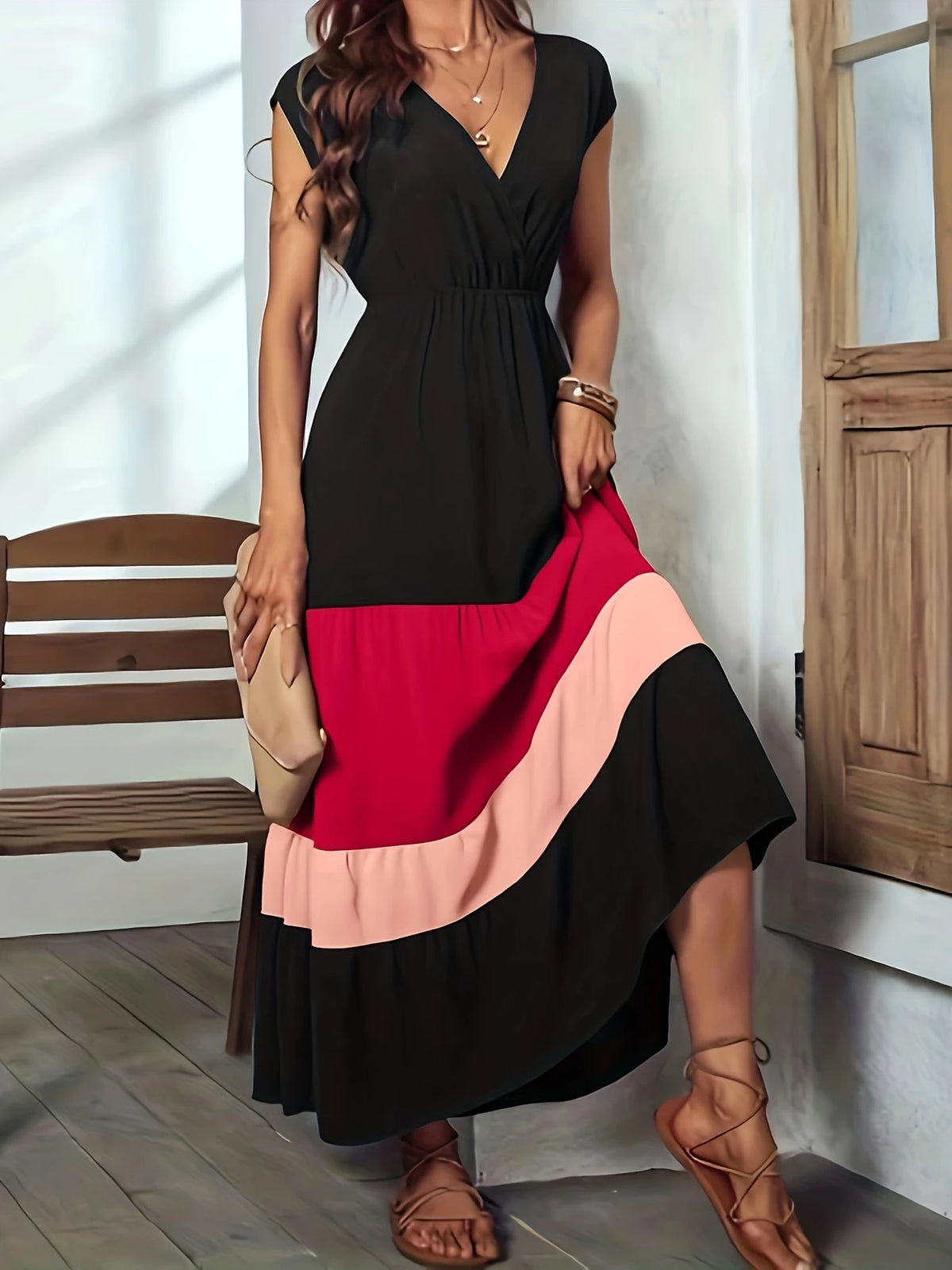 Elegantes Color-Block Surplice Neck Maxi Kleid Ärmellos Sommerkleid
