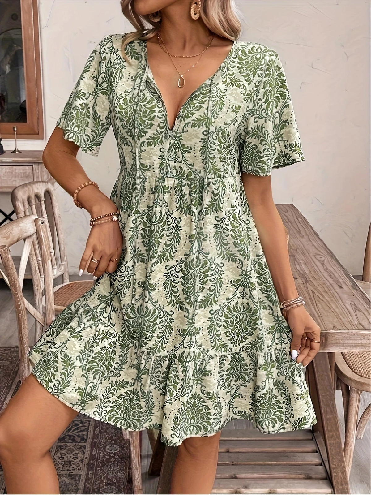 Paisley V-Ausschnitt Midi Kleid für Damen Halbärmel A-Linie Leichter Stoff