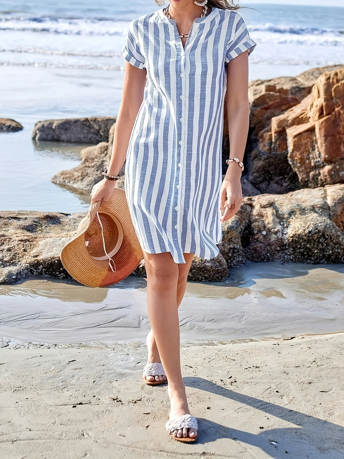 Elegantes Streifen V-Ausschnitt Midi Kleid für Damen Kurzarm Knopfleiste Leichtes
