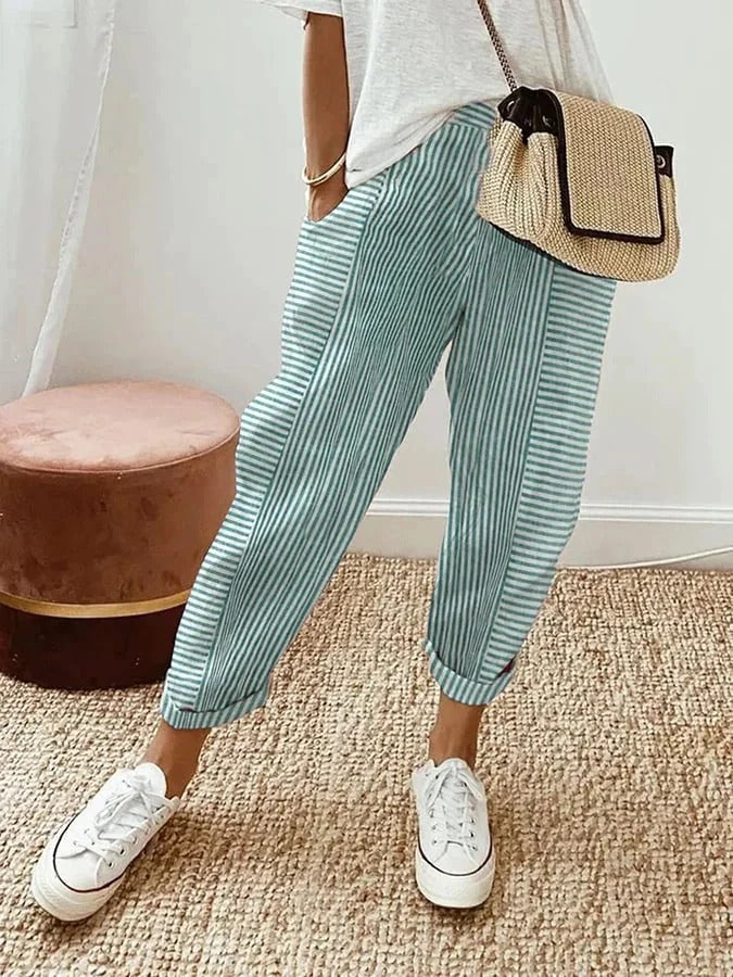 Damen Elegante Gestreifte Hose mit Kordelzug