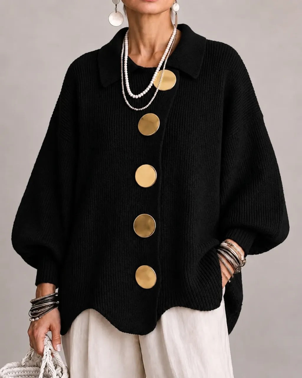 Damen Oversize Strickjacke mit Kragen und Knopfleiste