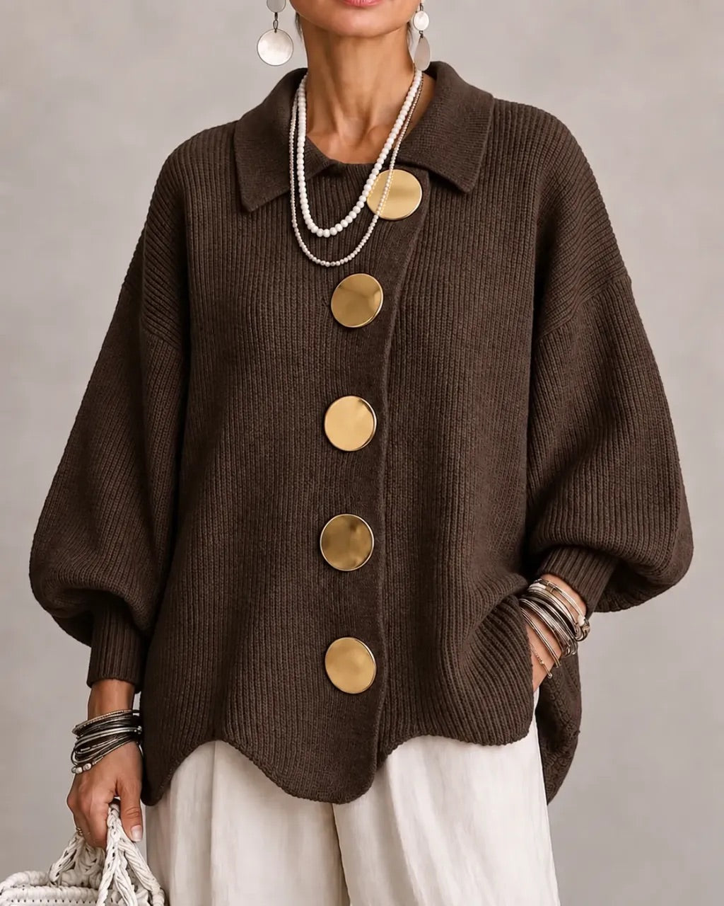 Damen Oversize Strickjacke mit Kragen und Knopfleiste