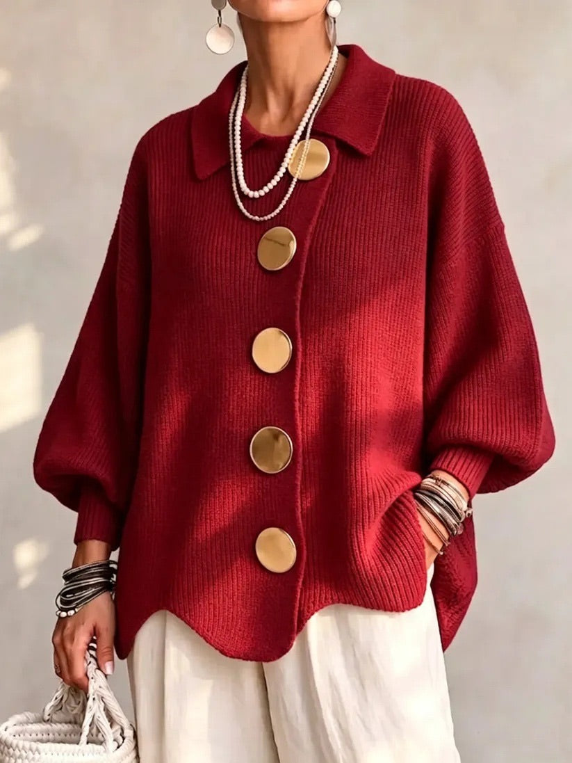 Damen Oversize Strickjacke mit Kragen und Knopfleiste