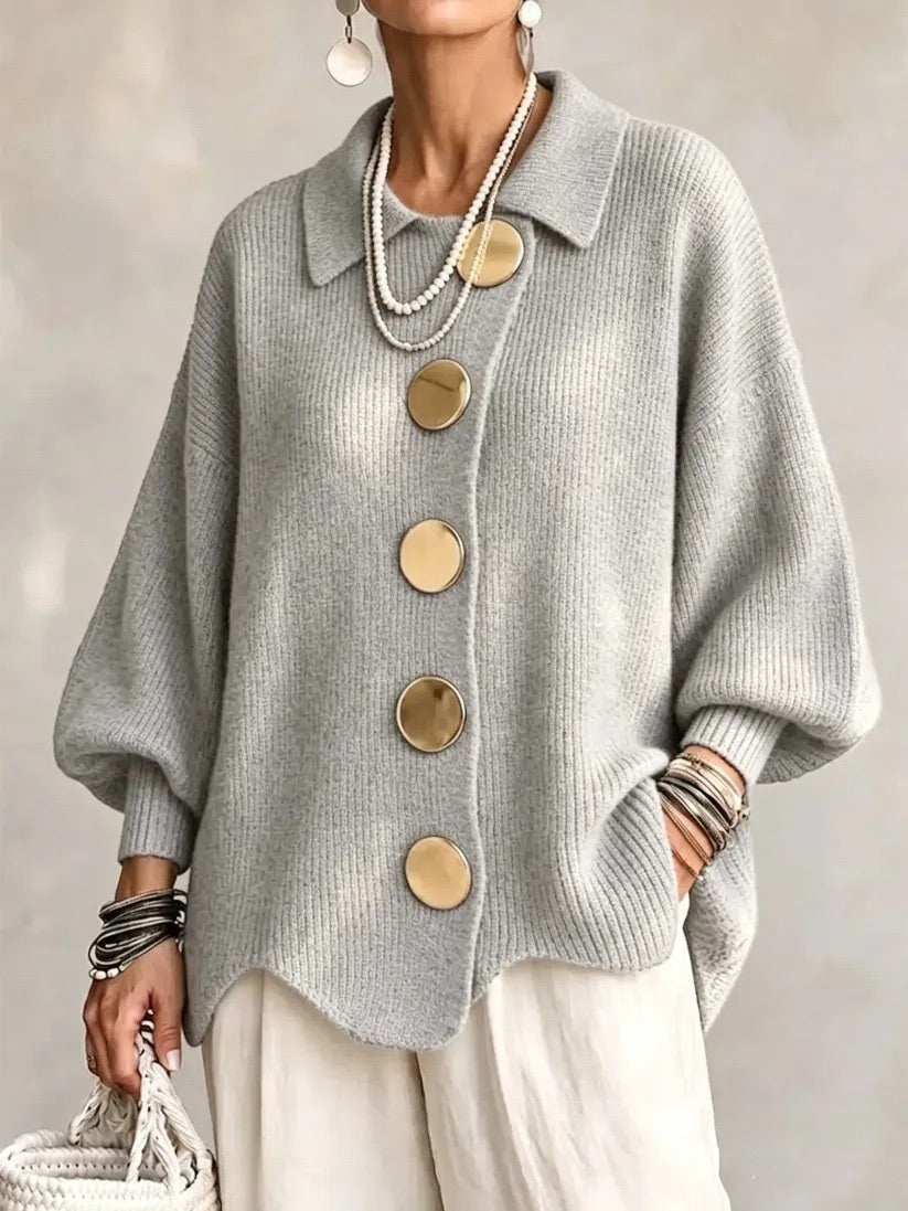 Damen Oversize Strickjacke mit Kragen und Knopfleiste