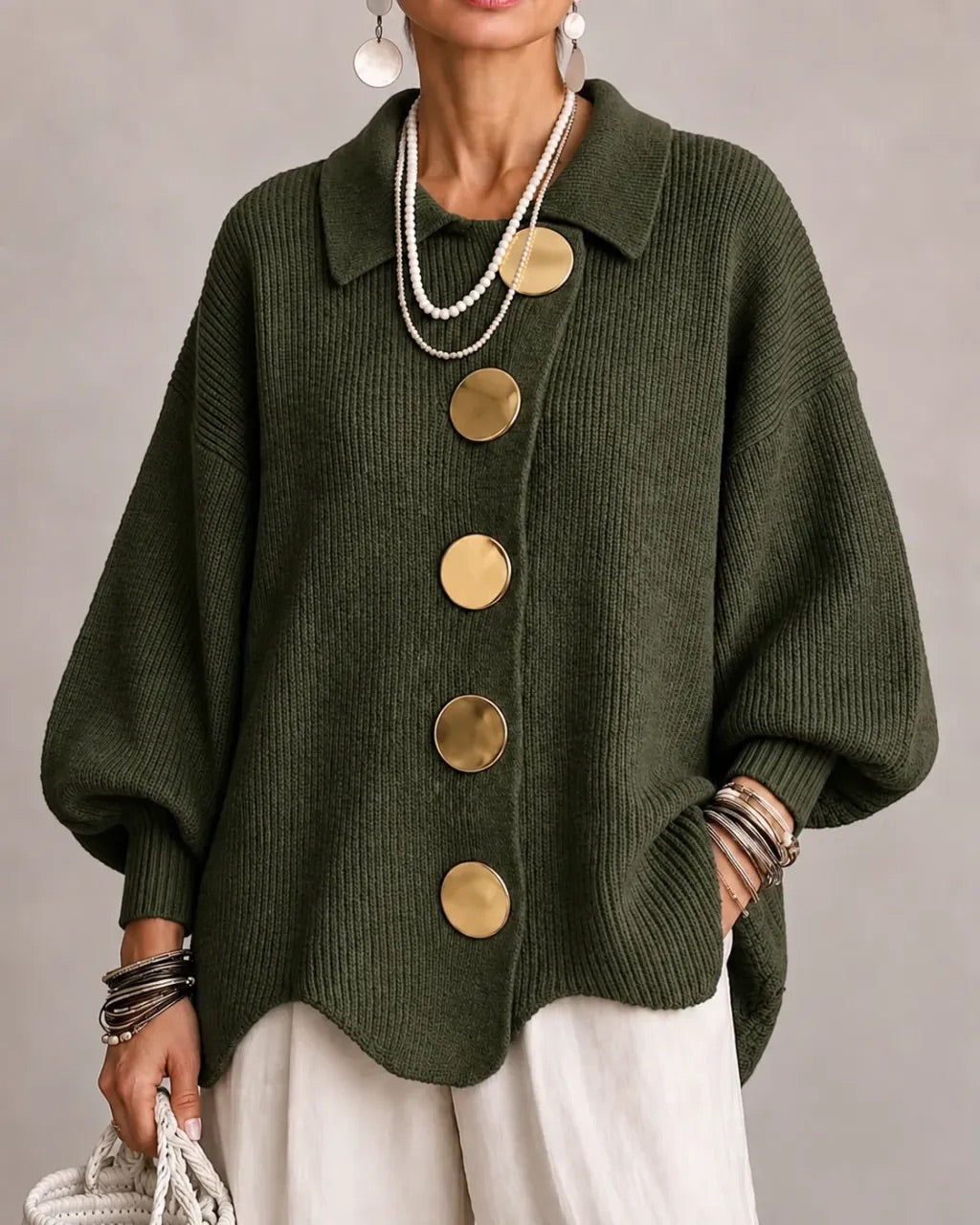 Damen Oversize Strickjacke mit Kragen und Knopfleiste