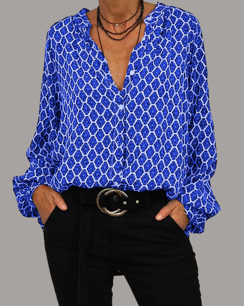 Damenbluse mit V-Ausschnitt und geometrischem Muster
