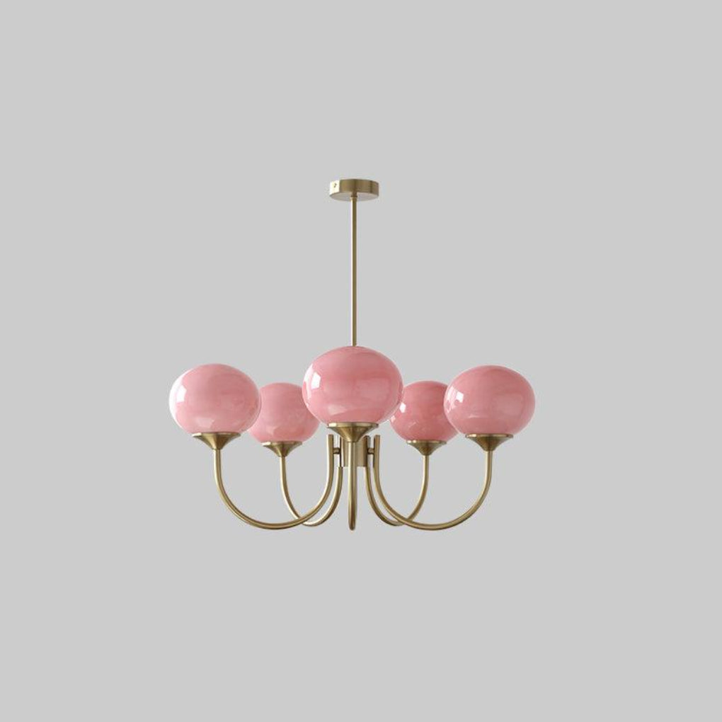 Modern pink and gold chandelier with elegant glass shades, ideal ceiling light fixture for chic home decor and illumination.