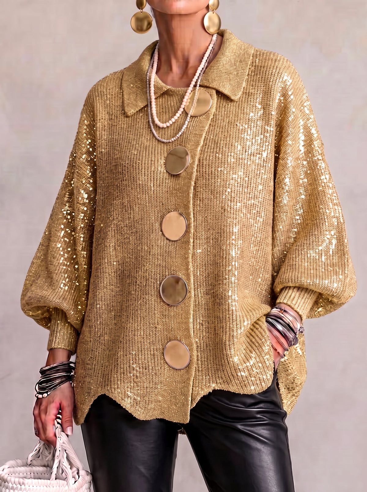 Damen Oversize Strickjacke mit Kragen und Knopfleiste