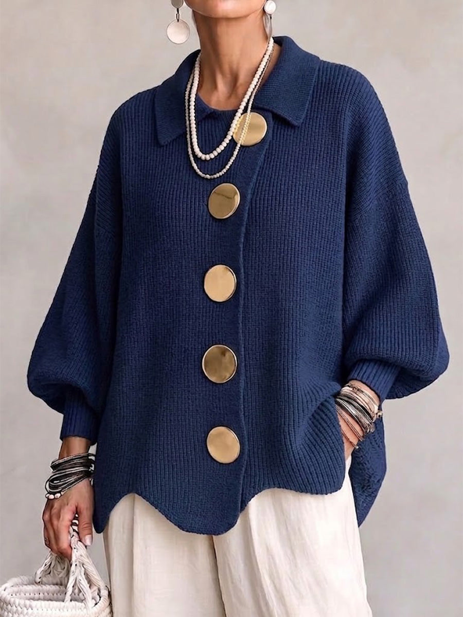 Damen Oversize Strickjacke mit Kragen und Knopfleiste