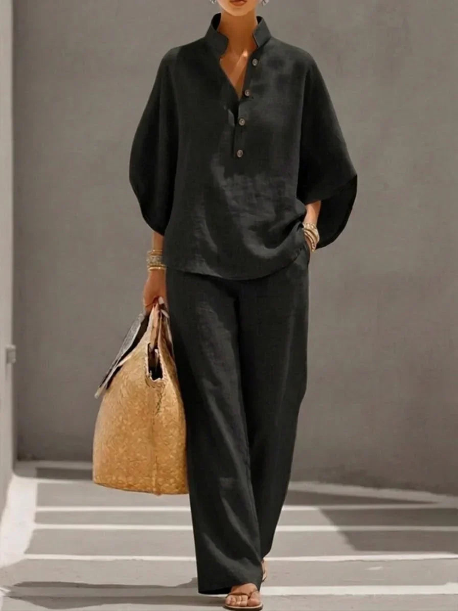 Damen Elegantes Leinen-Set mit Fledermausärmeln