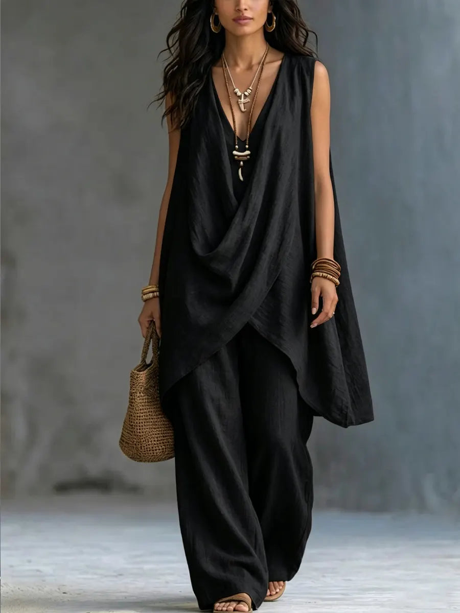 Damen Elegantes Drapiertes Hosen-Set mit Weiter Hose