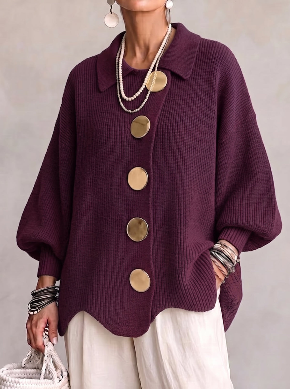 Damen Oversize Strickjacke mit Kragen und Knopfleiste