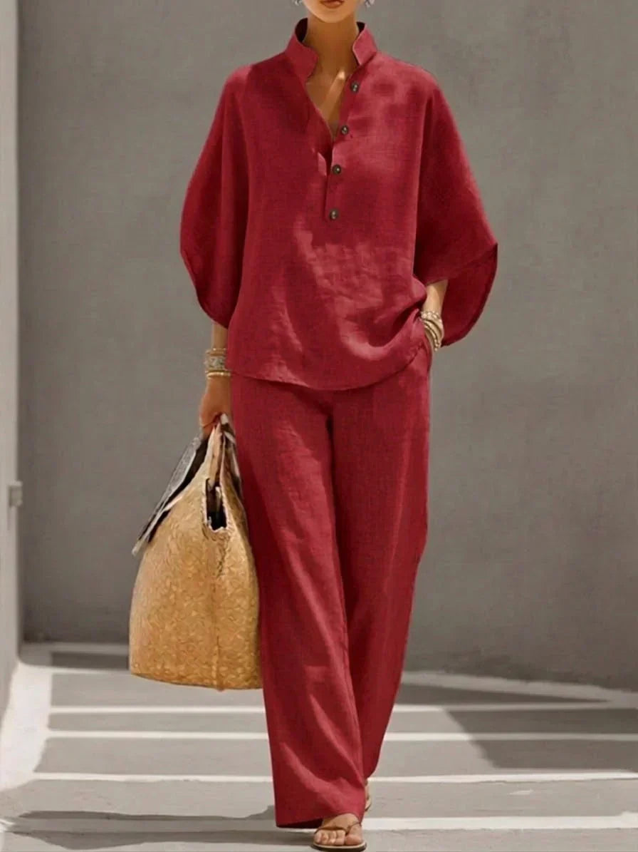 Damen Elegantes Leinen-Set mit Fledermausärmeln