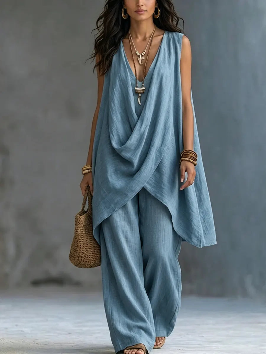 Damen Elegantes Drapiertes Hosen-Set mit Weiter Hose