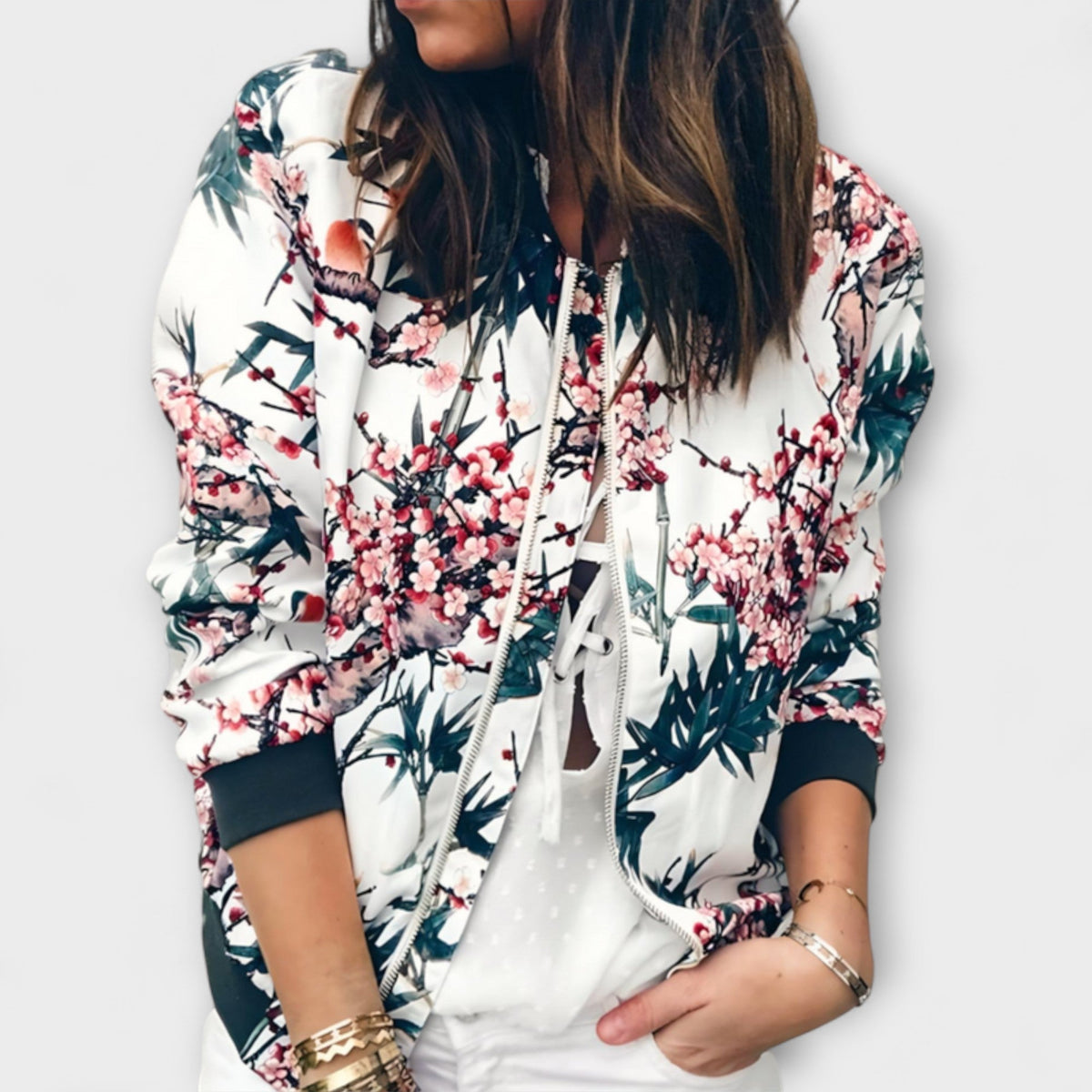 Damen Elegante Bomberjacke mit Blumenmuster