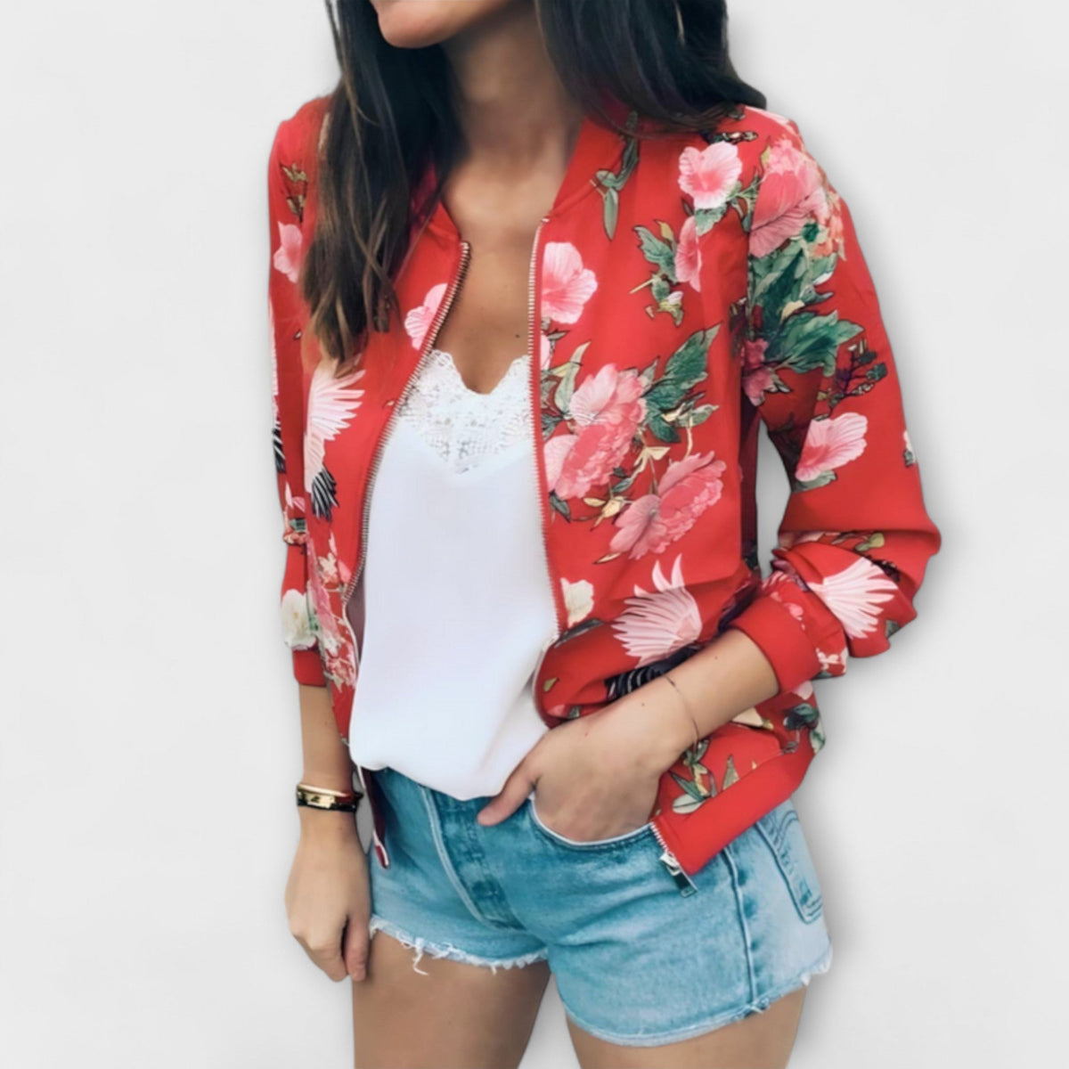 Damen Elegante Bomberjacke mit Blumenmuster