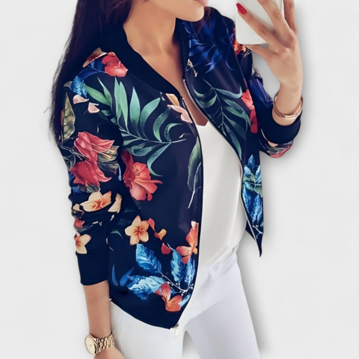 Damen Elegante Bomberjacke mit Blumenmuster