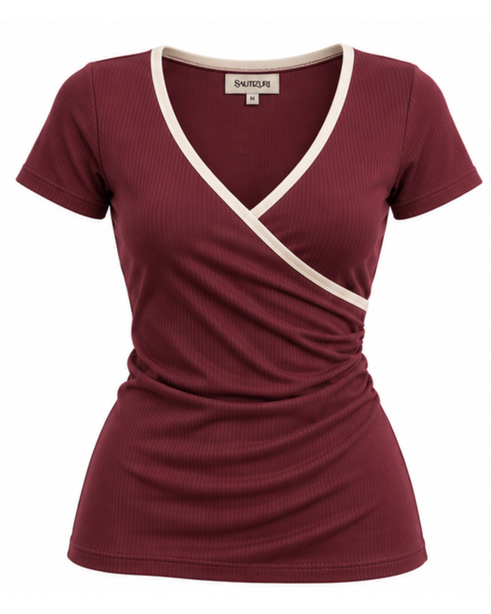 Bordeauxrotes Damen T-Shirt mit Wickelfront und cremefarbener Paspel, Vorderansicht