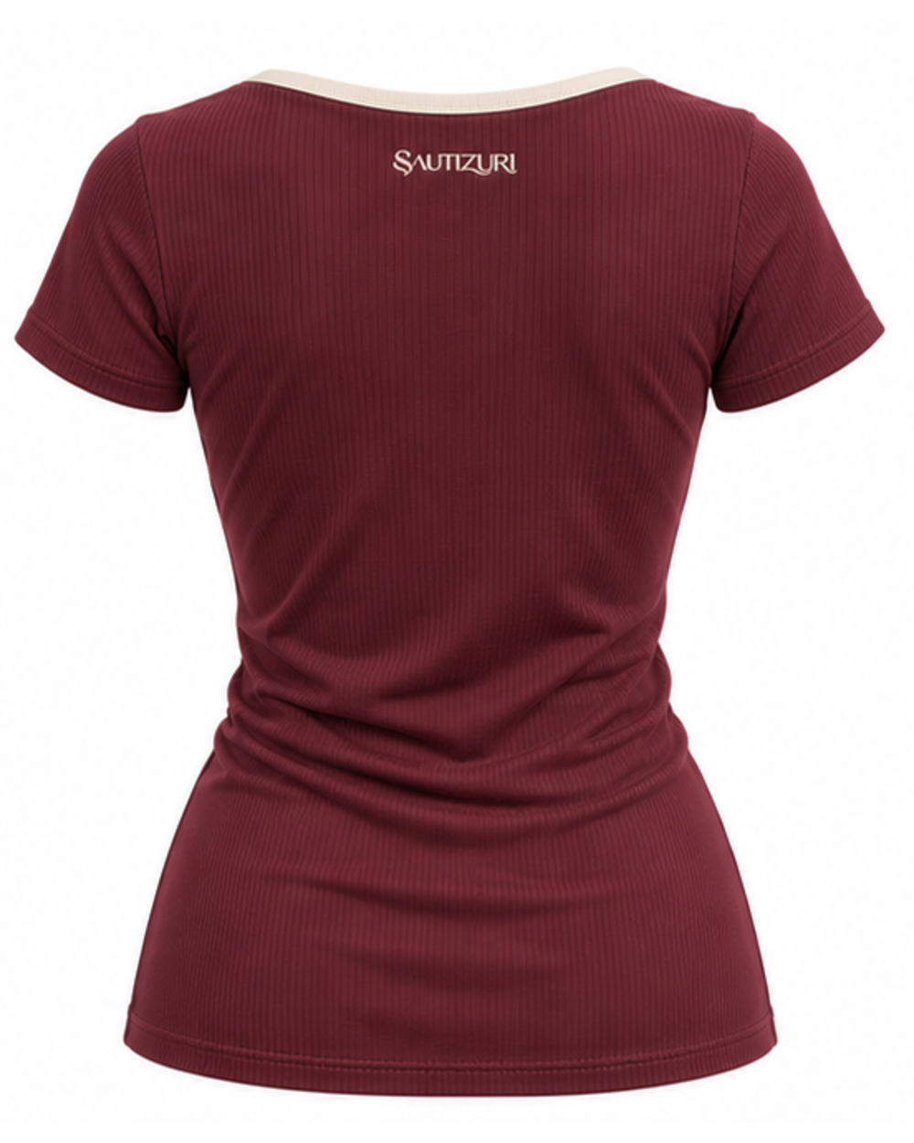 Bordeauxrotes Damen T-Shirt in Feinripp, Rückenansicht mit Logo