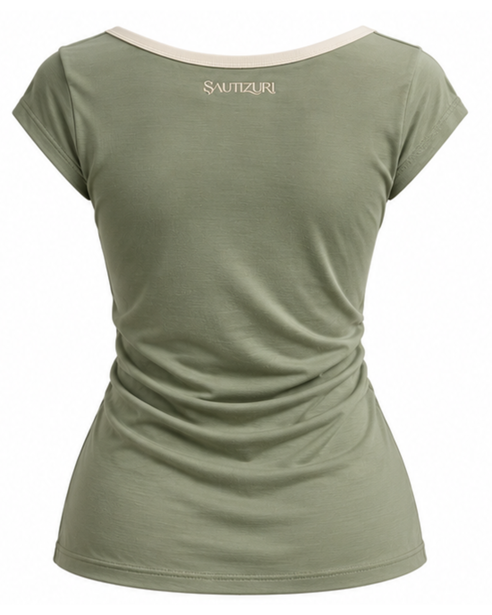 Salbeigrünes Damen T-Shirt, Rückenansicht mit gesticktem Logo