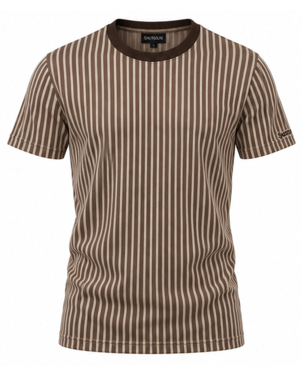 Braun-beige gestreiftes Herren T-Shirt mit dunkelbraunem Kragen, Vorderansicht