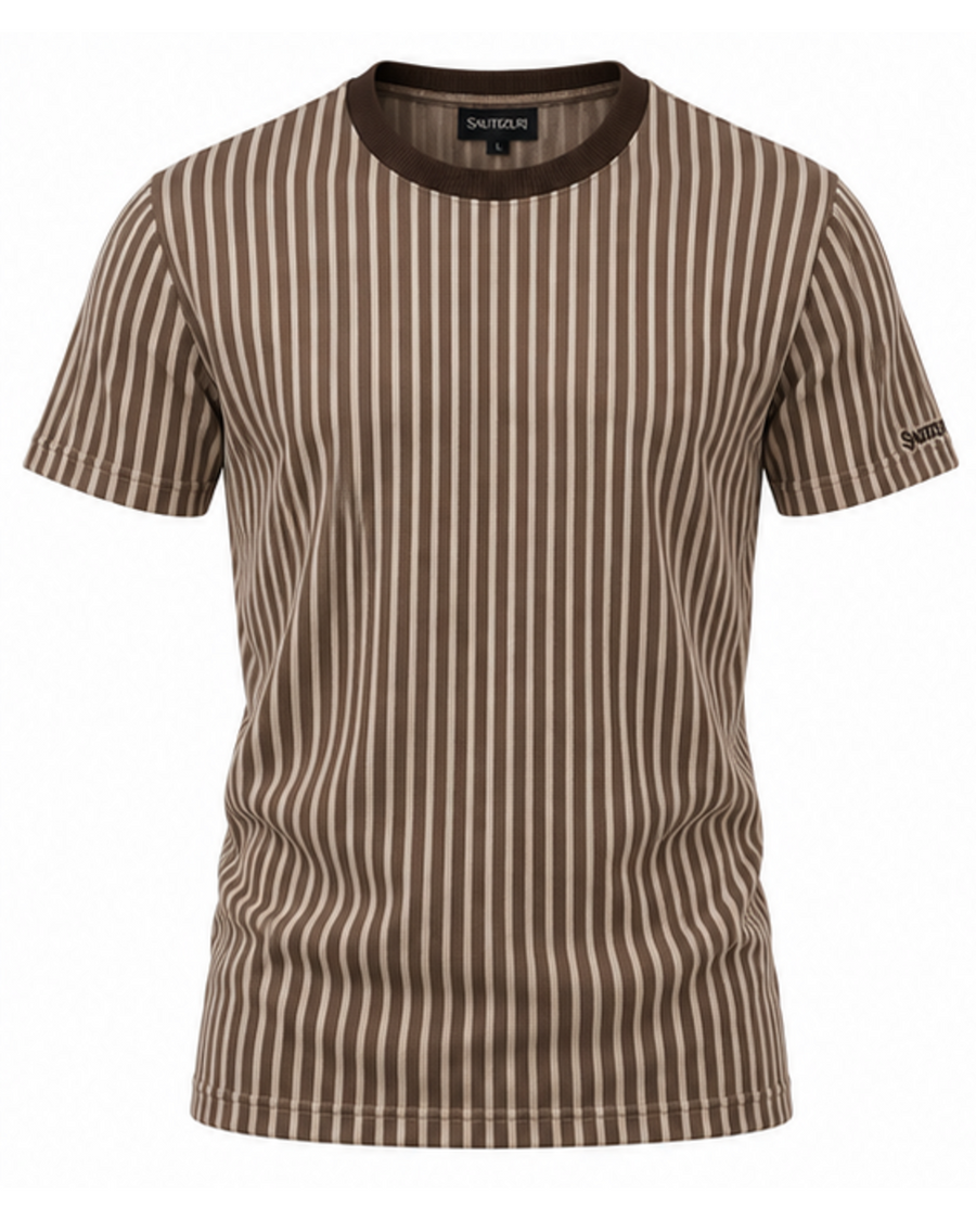 Braun-beige gestreiftes Herren T-Shirt mit dunkelbraunem Kragen, Vorderansicht