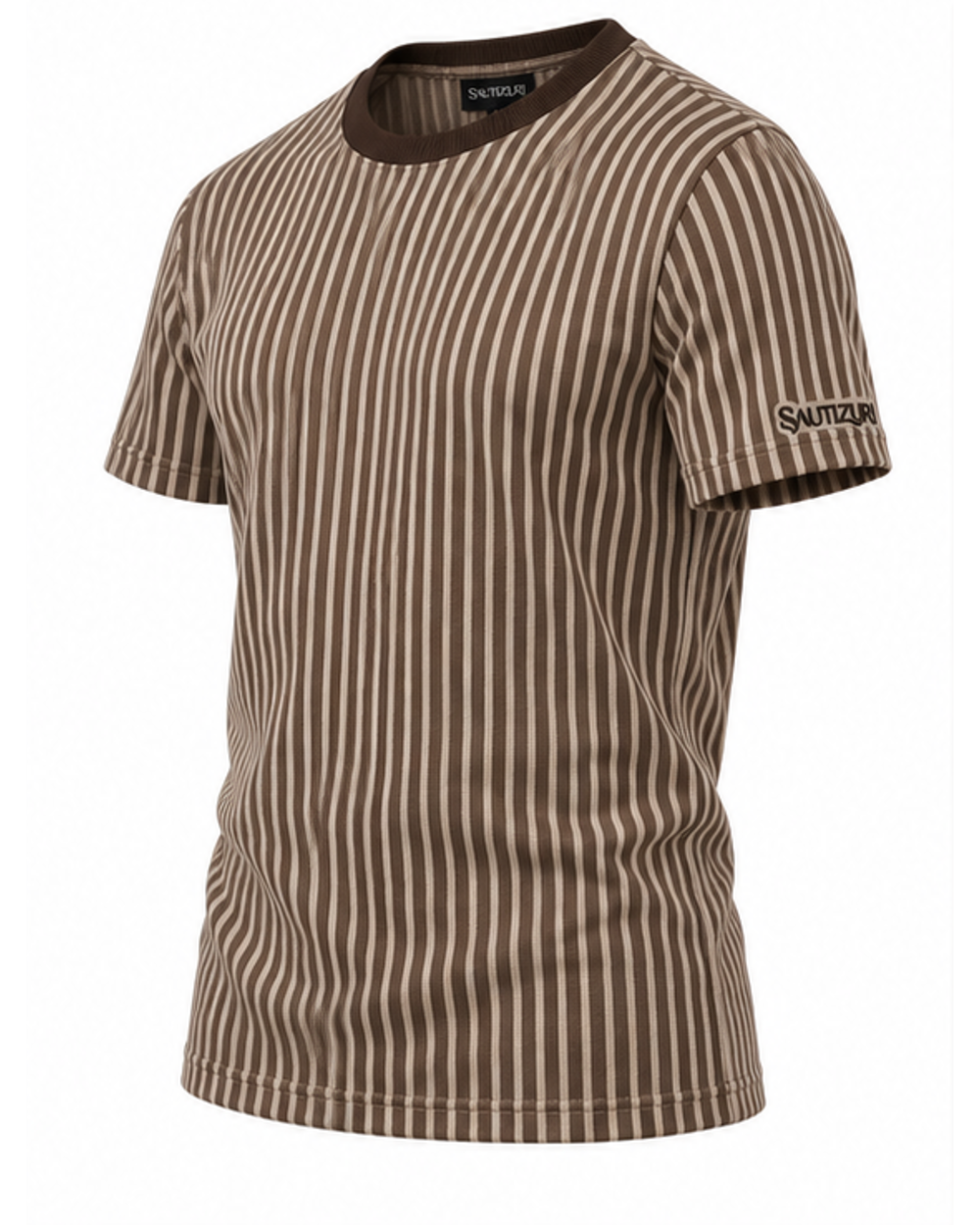 Gestreiftes Herren T-Shirt in Braun und Beige, Ansicht von schräg vorne mit Ärmellogo