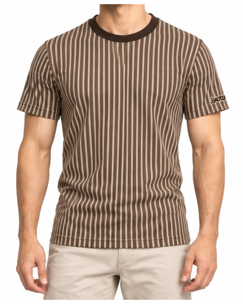 Braun gestreiftes Herren T-Shirt, getragen mit beiger Hose