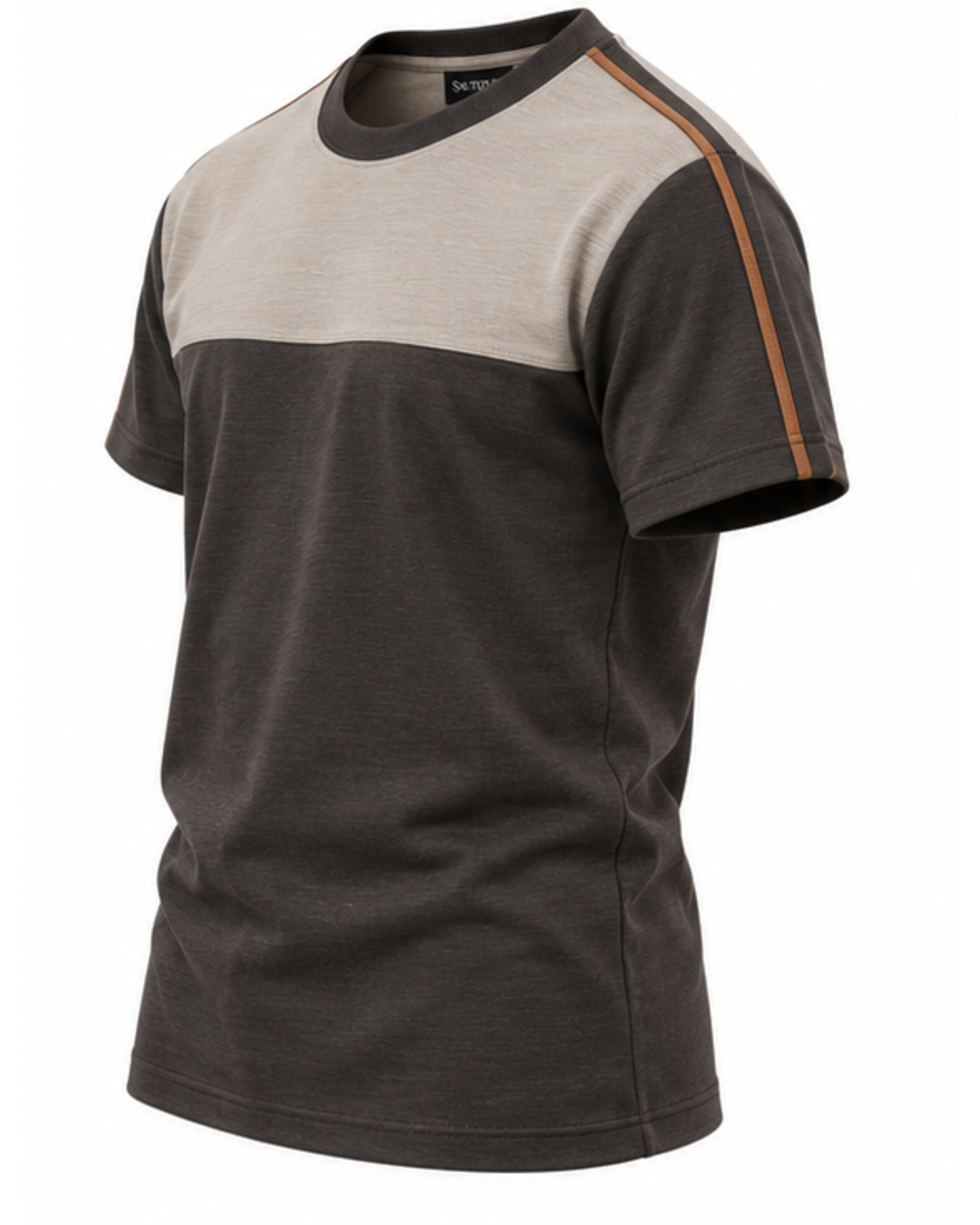 Herren T-Shirt in Graphit mit kupferfarbener Paspel, Ansicht von schräg vorne