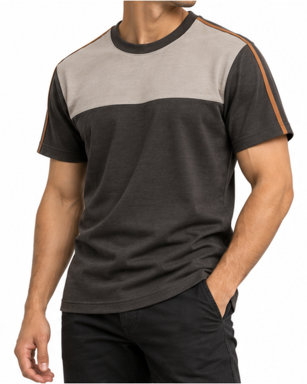 Herren T-Shirt in Graphit und Steingrau, getragen, leicht gedrehte Ansicht