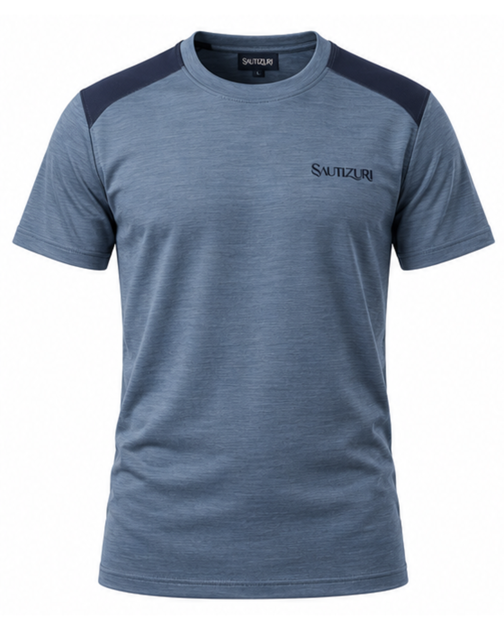 Schieferblaues Herren T-Shirt mit marineblauen Schultereinsätzen, Vorderansicht