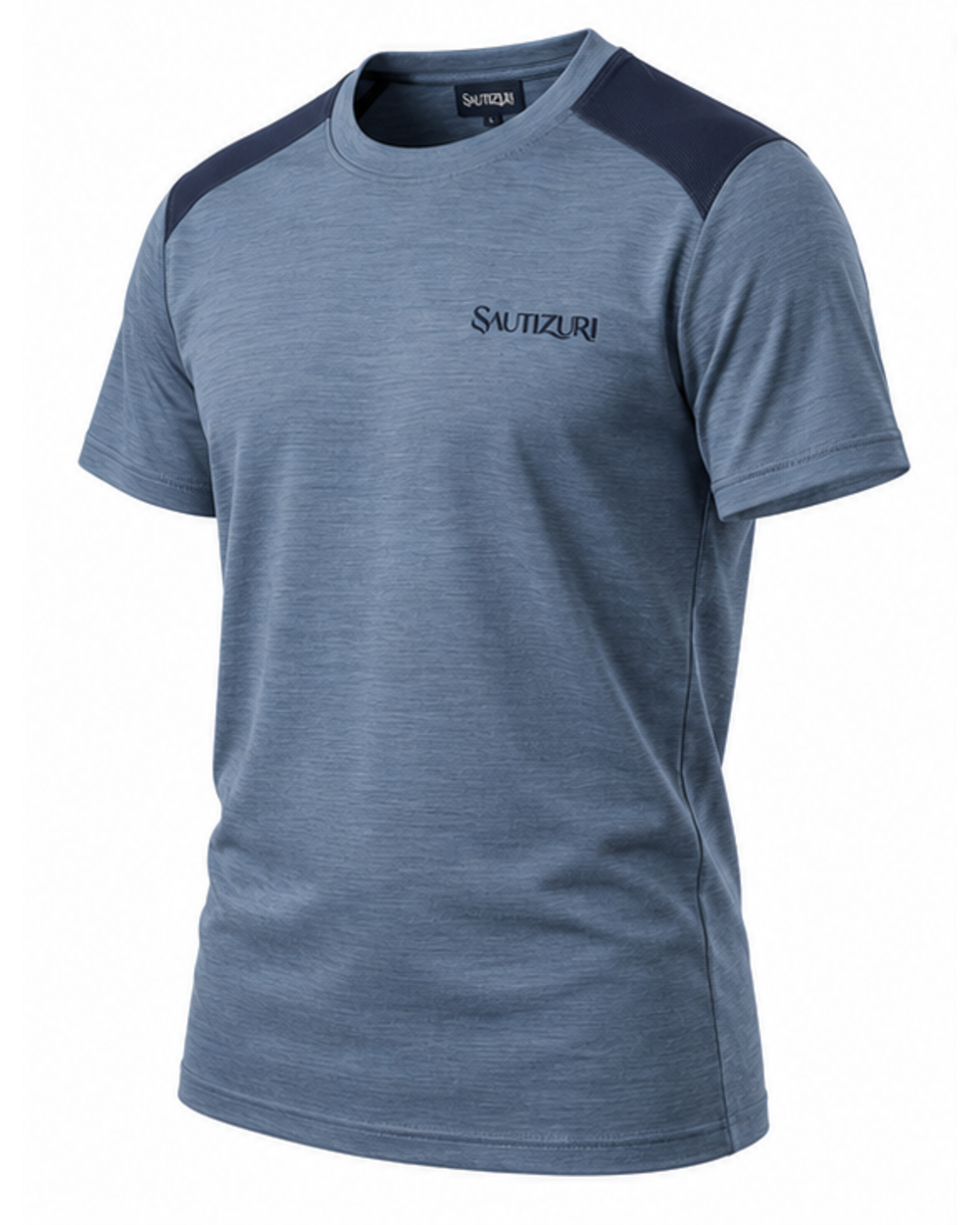 Schieferblaues Herren T-Shirt mit Schultereinsätzen, Ansicht von schräg vorne