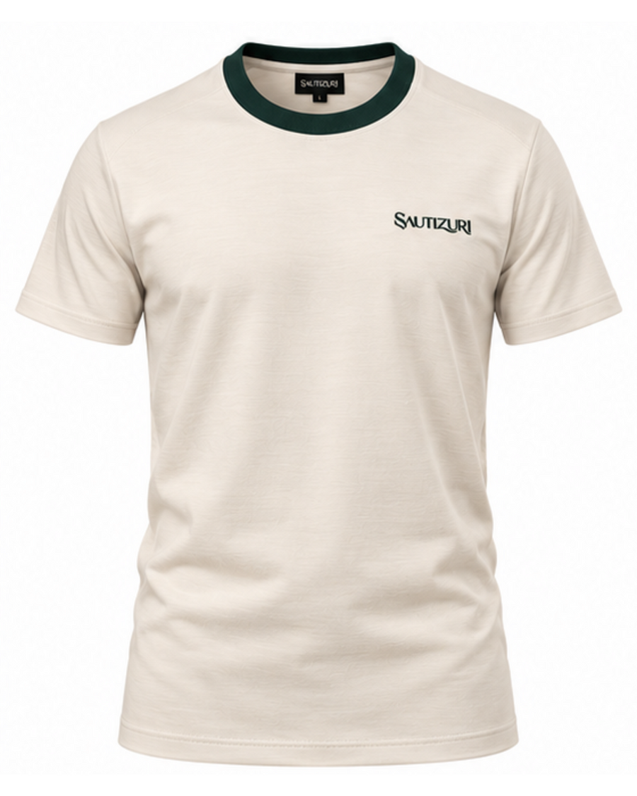 Ecrufarbenes Herren T-Shirt mit dunkelgrünem Kragen, Vorderansicht