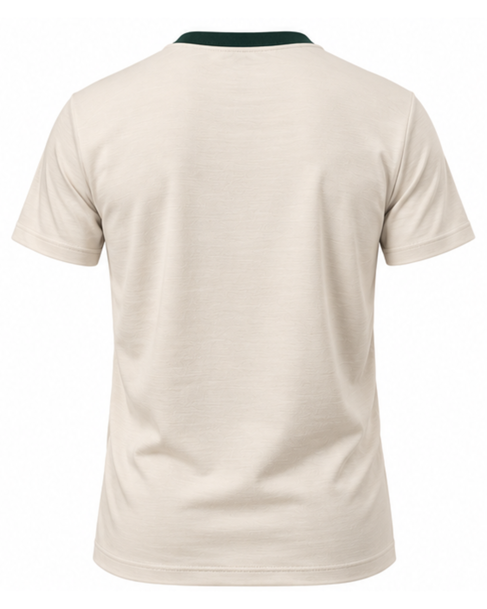 Ecrufarbenes Herren T-Shirt, Rückenansicht mit grünem Kragenrand