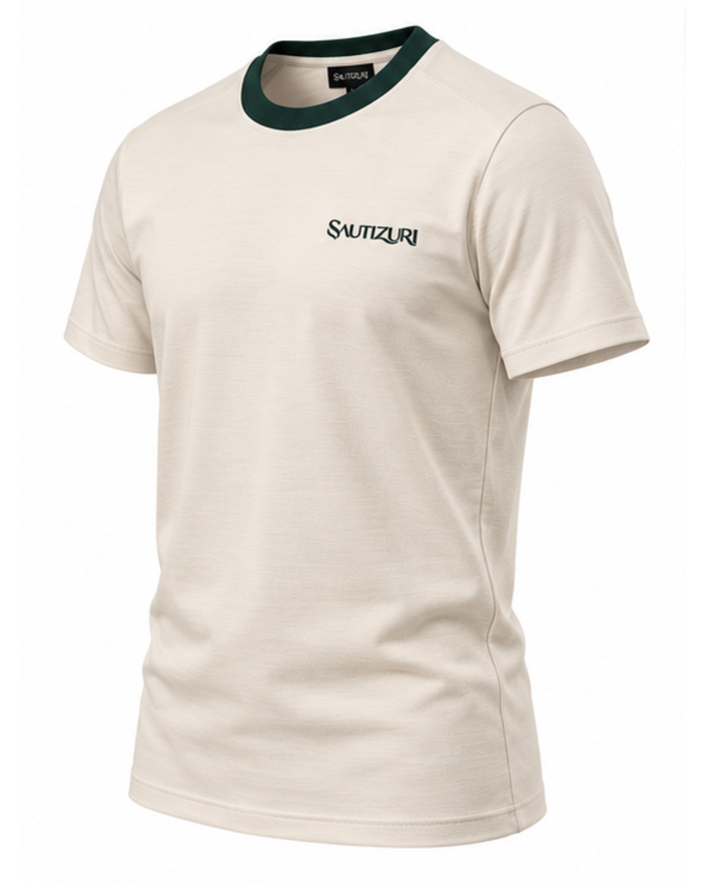 Ecrufarbenes Herren T-Shirt mit grünem Kragen, Ansicht von schräg vorne
