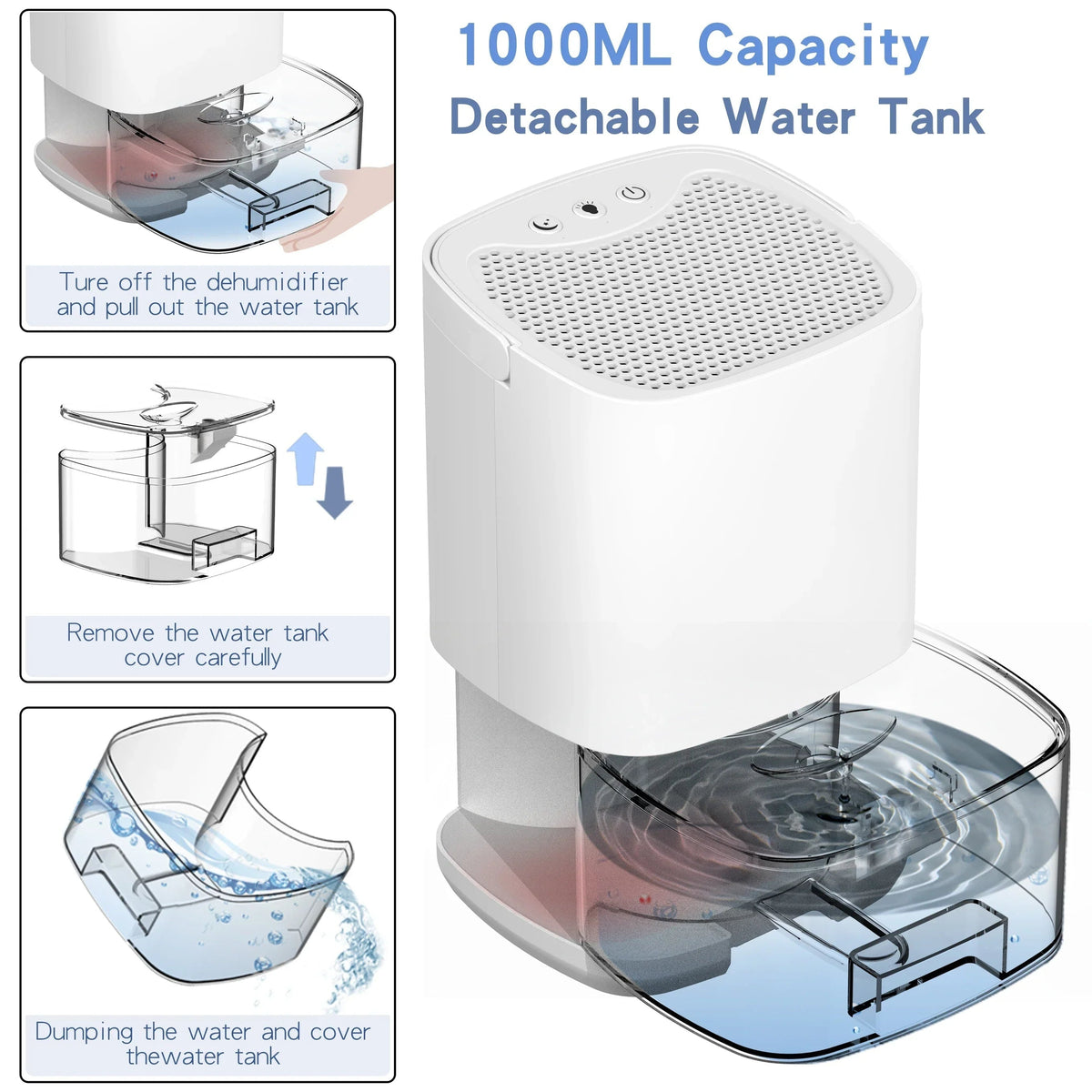 Small Dehumidifier for Bedroom and Room with 1000ml Tank Night Light and Air Purifier